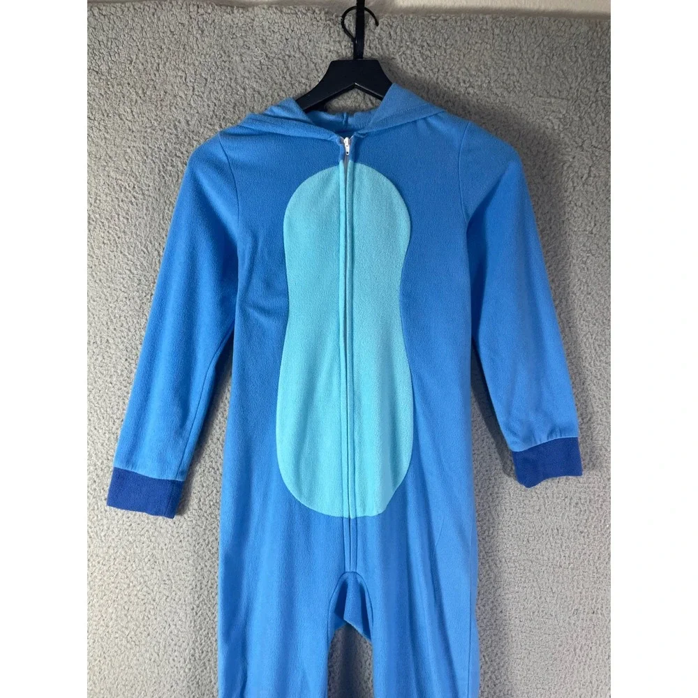 Disney Stitch Kids Fleece Pajamas L 10/12 Blue Hooded Costume Union Suit